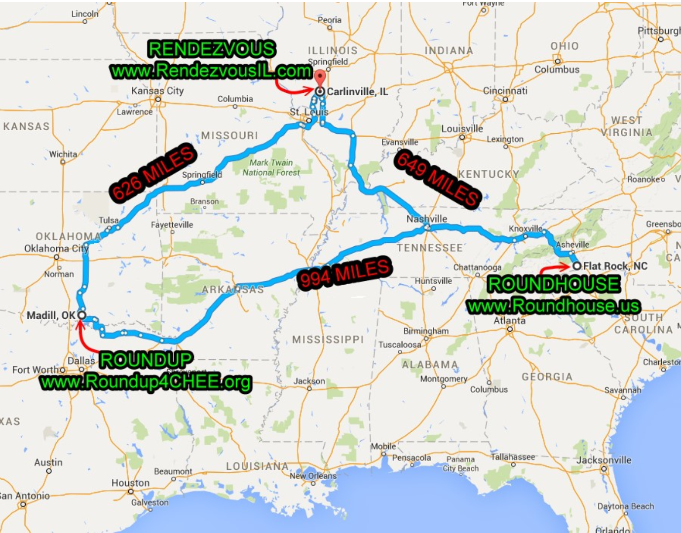 Map showing distances between Rendezvous (Carlinville, IL), Roundup (Madill, OK), and Roundhouse (Flat Rock, NC)